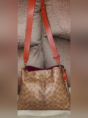 Signature Pattern Shoulder Bag in Brown with Orange Strap